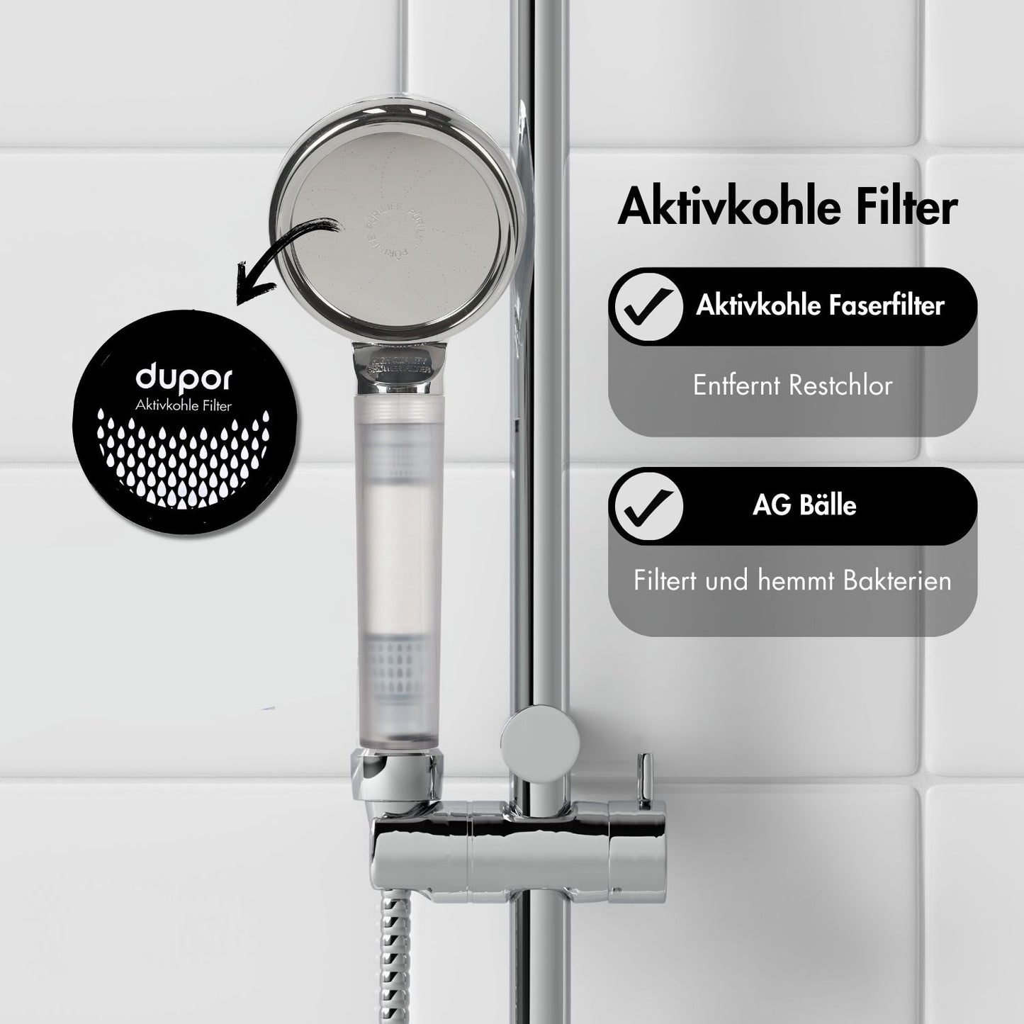 Dupor Duschkopf im Bad mit Aktivkohle Filter und seinen Filterstufen