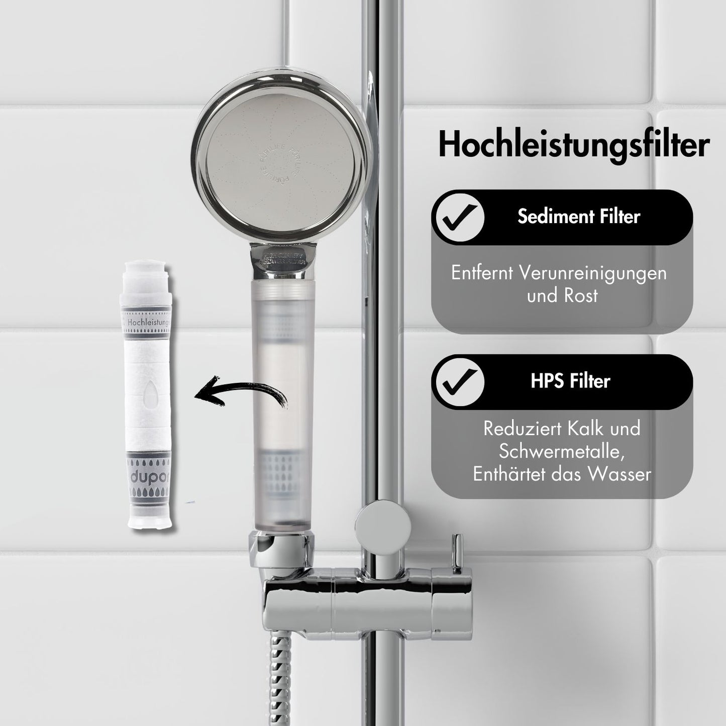 Dupor Duschkopf im Bad mit Hochleistungsfilter und seinen Filterstufen