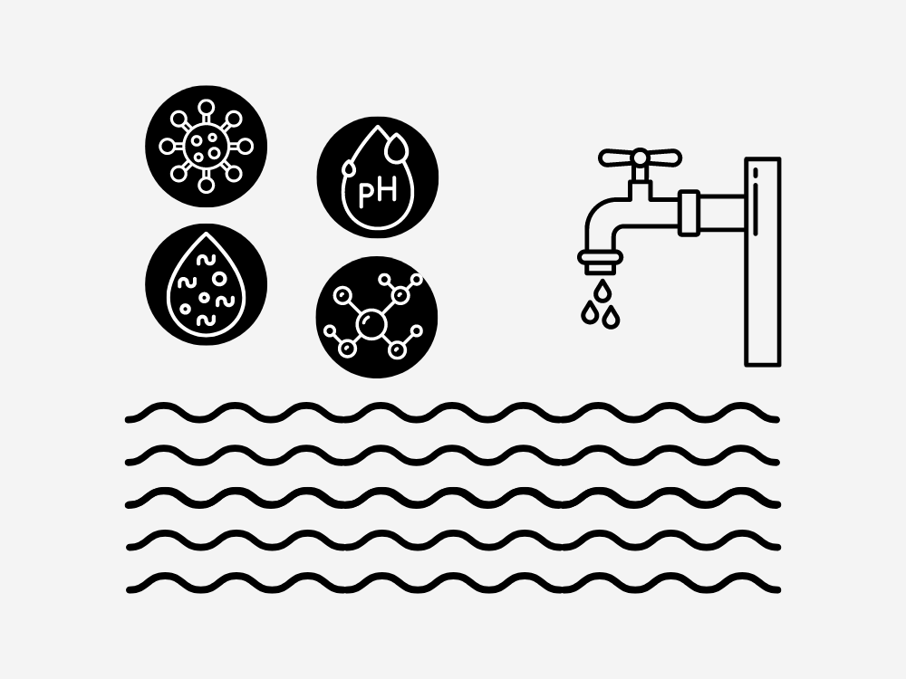 skizze wasserhahn mit wellen und hartem wasser symbolen