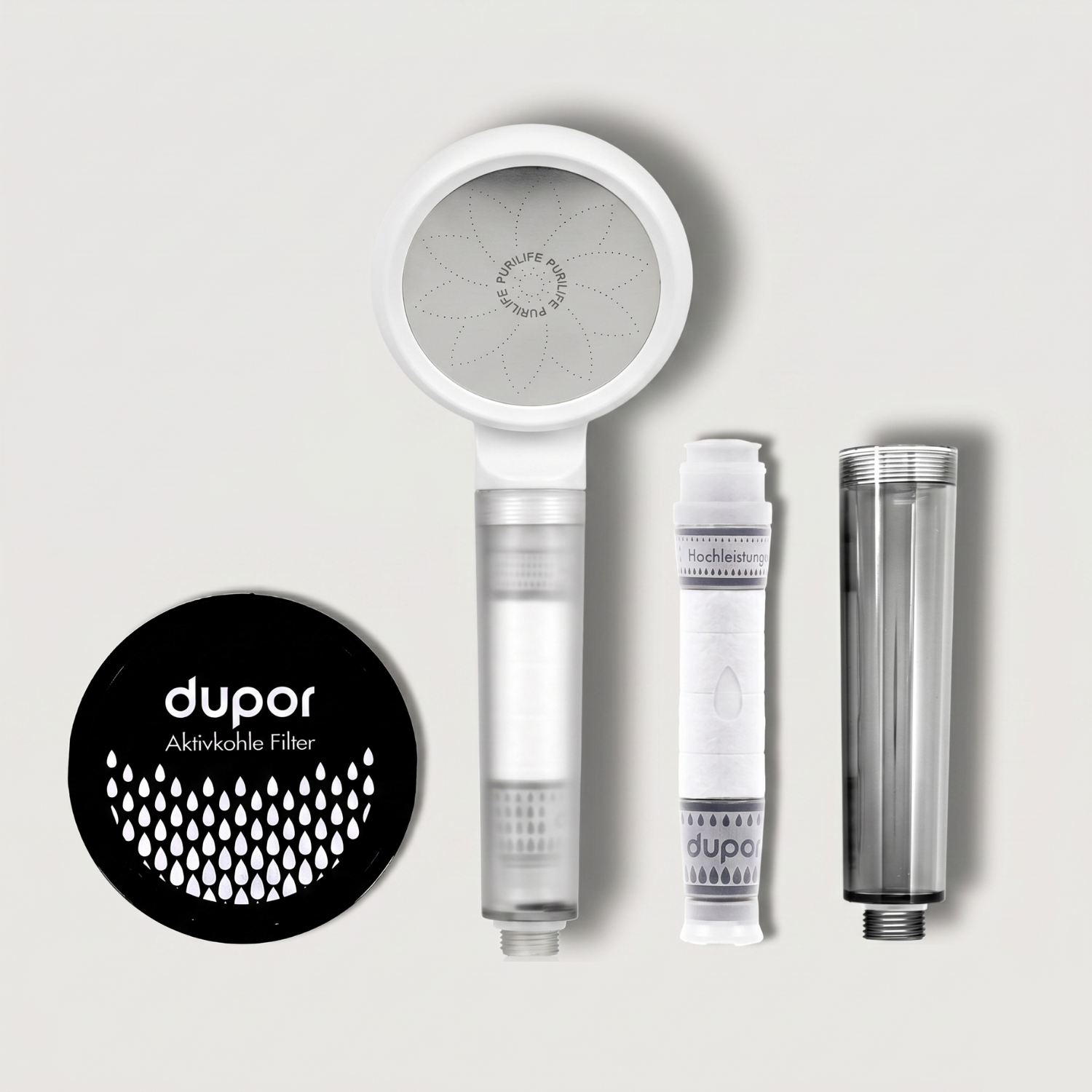 Dupor Duschkopf Weiss mit Hochleistungsfilter, Aktivkohle Filter und Gehäuse