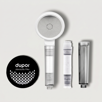 Dupor Duschkopf Weiss mit Hochleistungsfilter, Aktivkohle Filter und Gehäuse