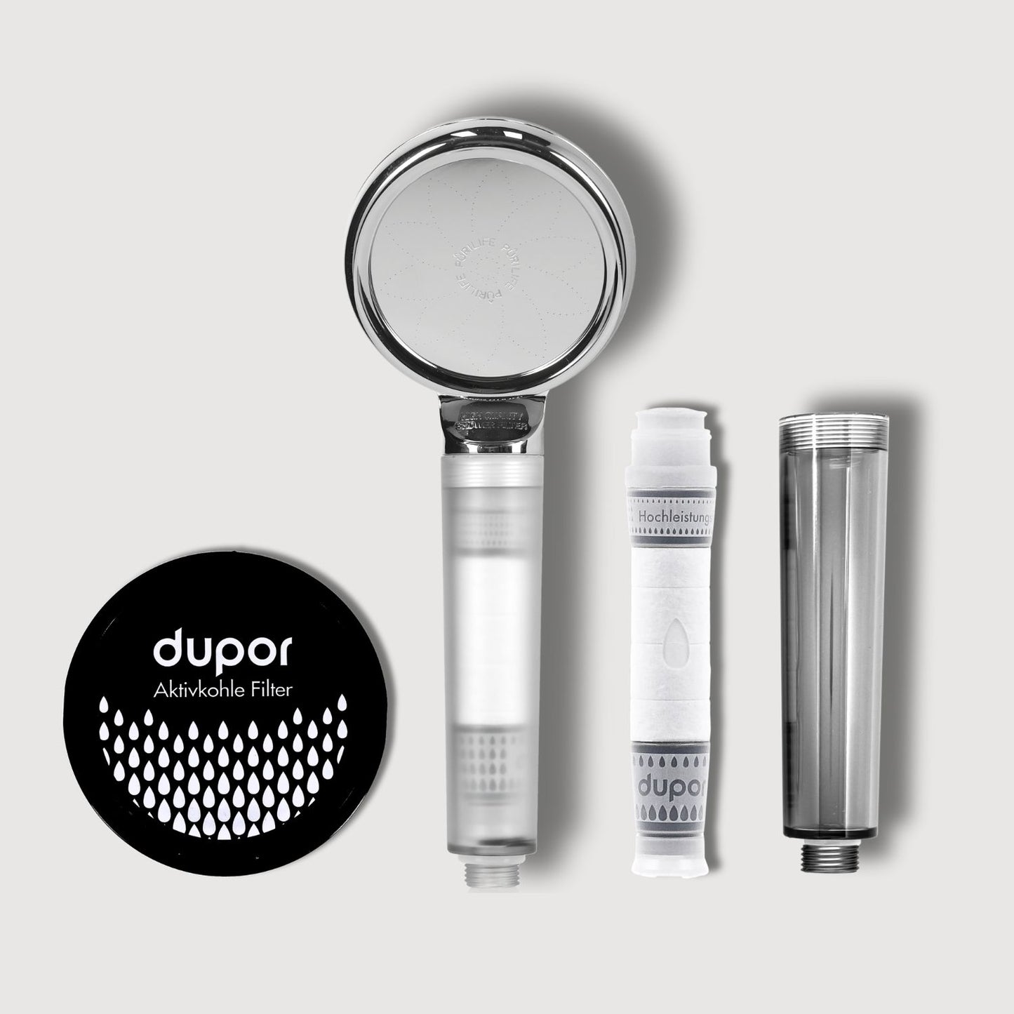 Dupor Bestandteile aus Duschkopf, Aktivkohle Filter, Hochleistungsfilter und Griff