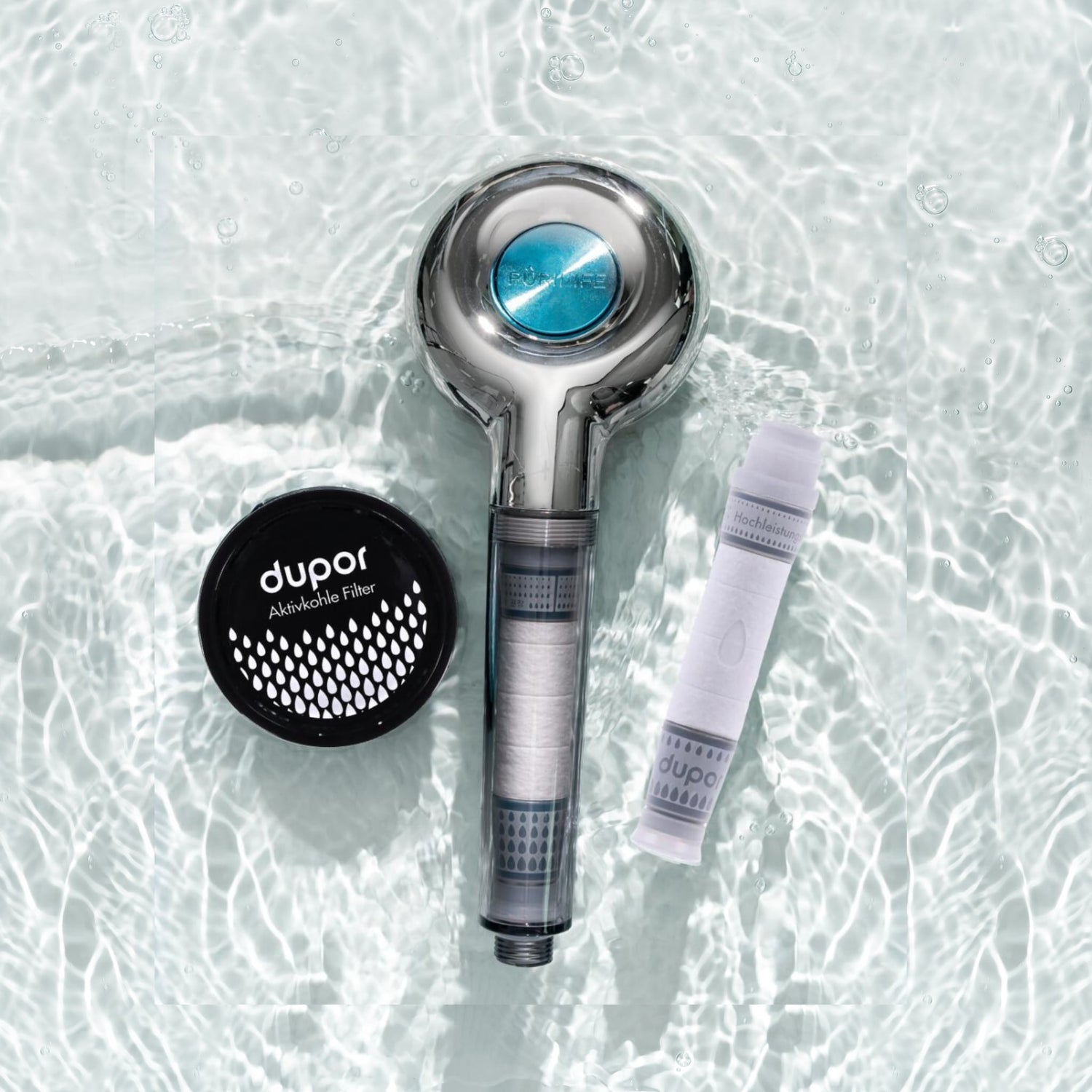 Dupor Duschkopf mit Hochleistungsfilter und Aktivkohle Filter im Wasser